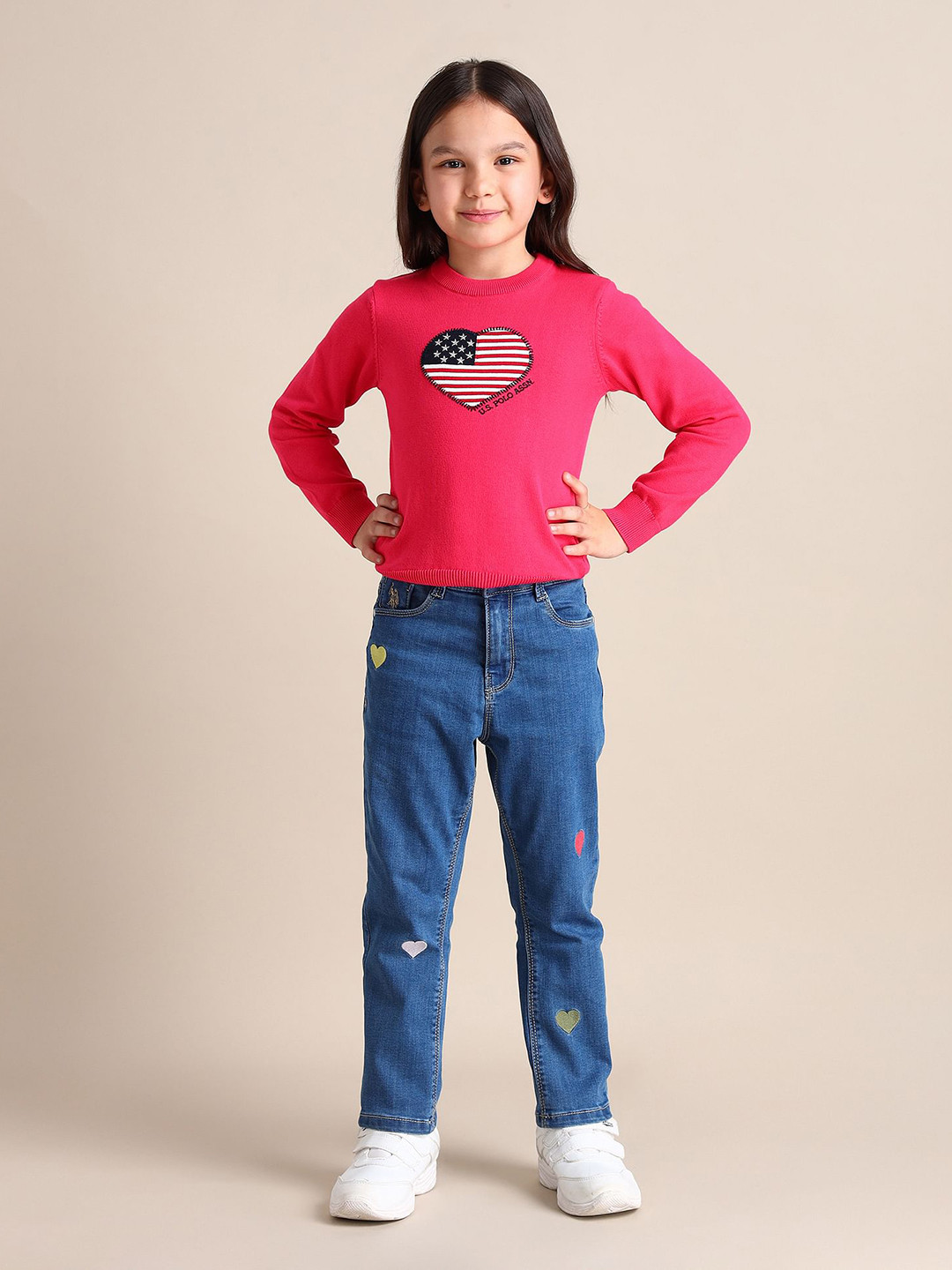 U.S. Polo Assn. Kids Girls Mom Fit Mid-Rise Light Fade Embroidered Stretchable Jeans