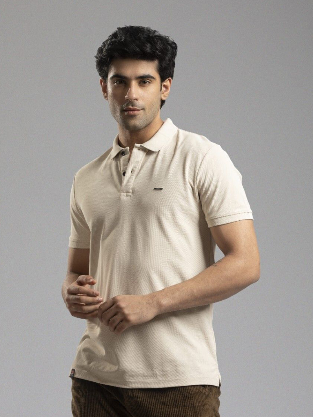 Nostrum Cherry Half Sleeve Beige Plain Polo T-shirt