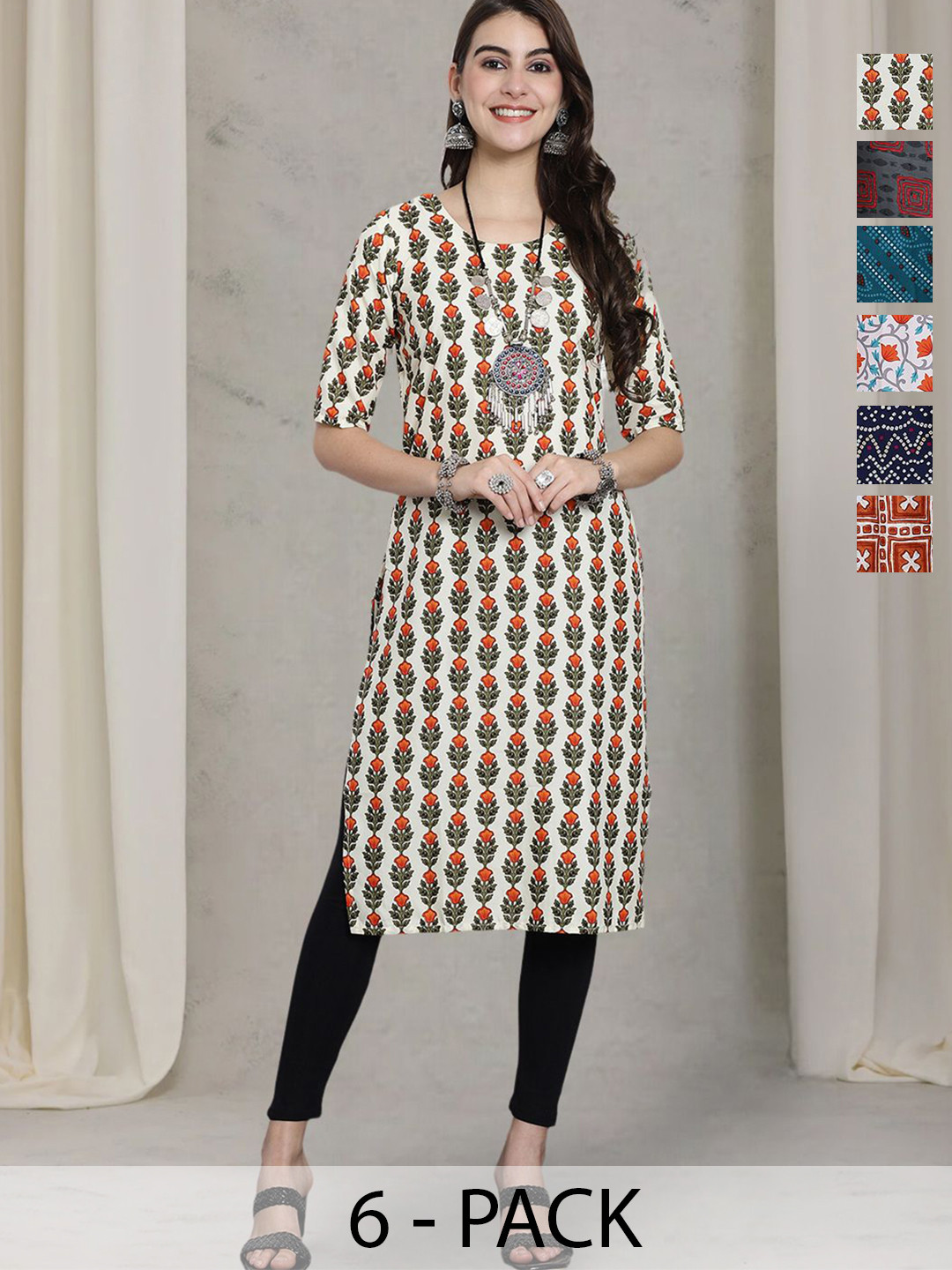 7Threads Women Ethnic Motifs Printed Straight Calf Length Kurtas Thread Work pack of 6