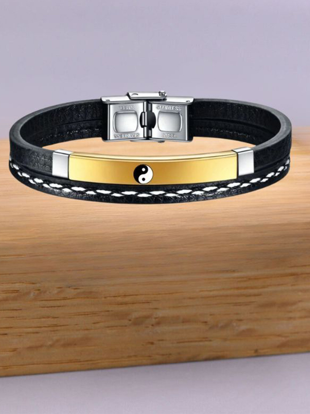 M Men Style Men Gold-Plated Yin Yang Symbol Leather Wraparound Bracelet