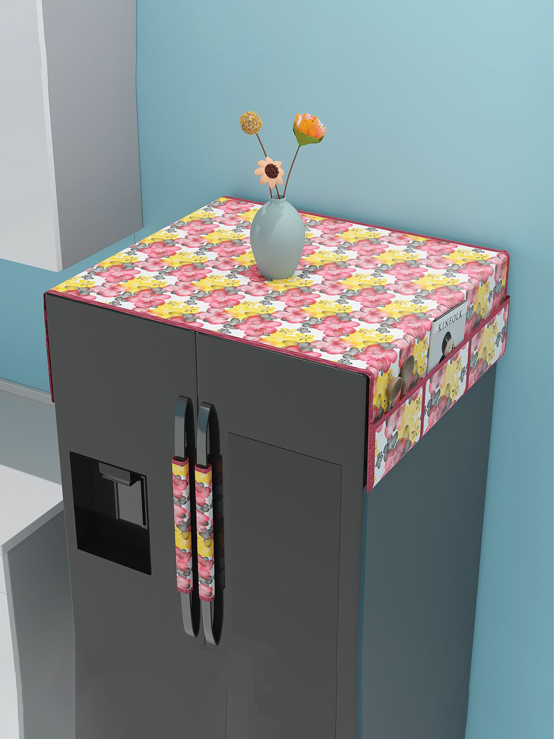 Kuber Industries 3-Pcs Pink & White Floral Printed Waterproof Fridge Top & Handle Covers