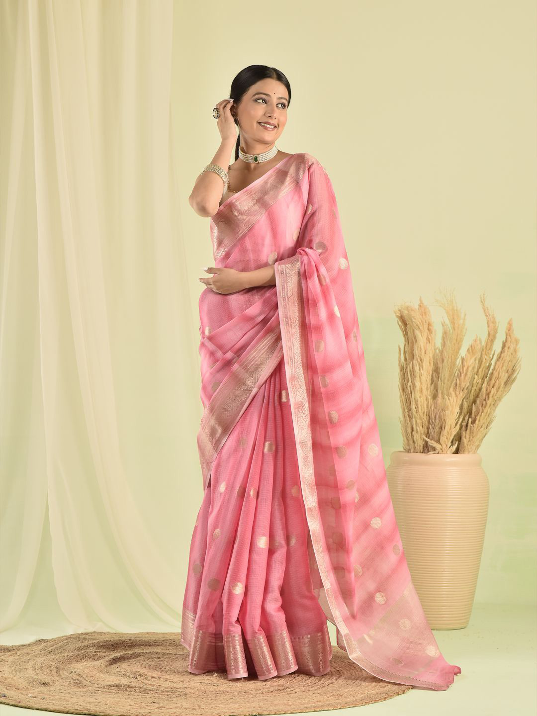 sutra attire Pink Banarasi Kota Doria Saree