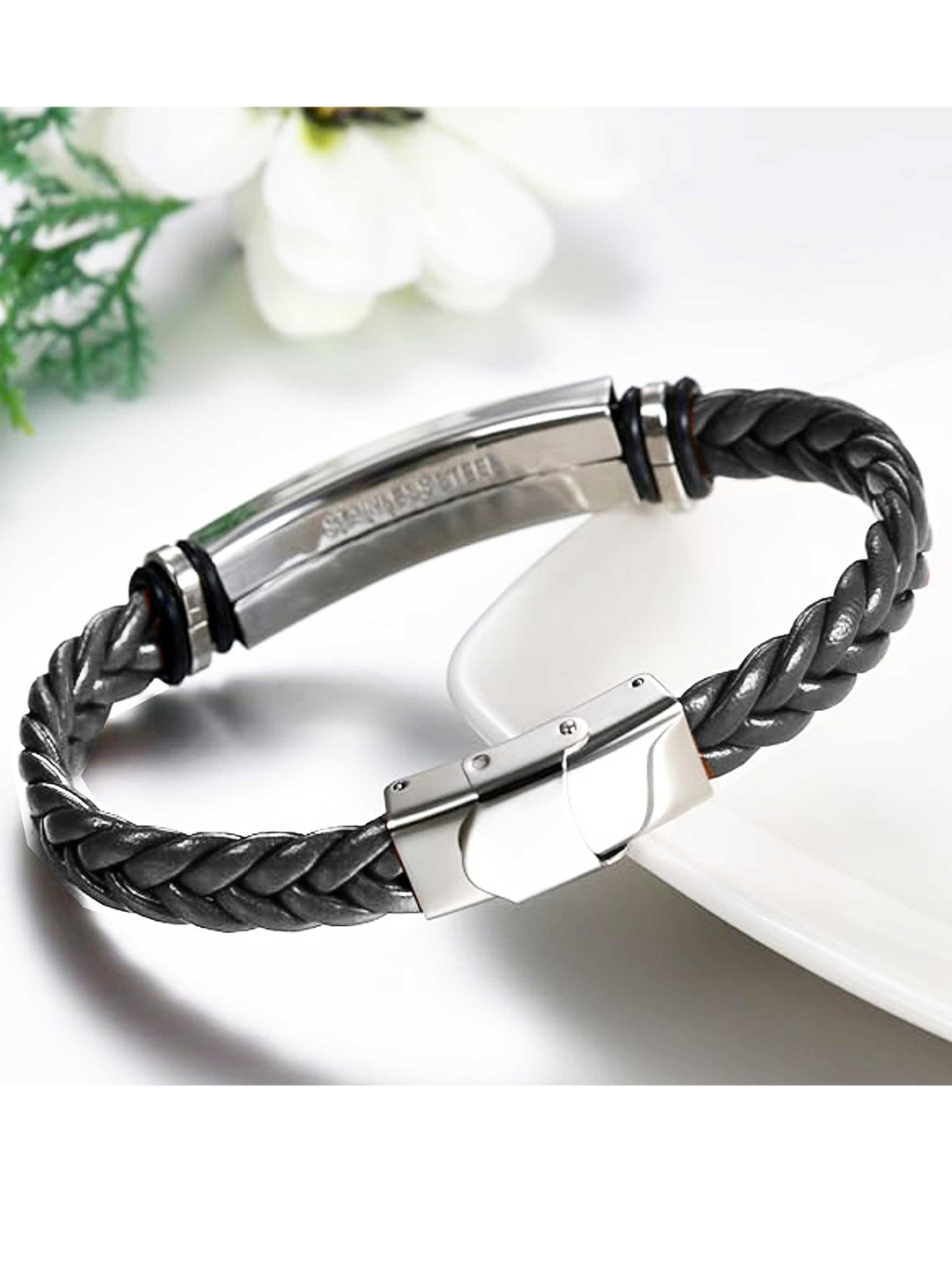 M Men Style Men Silver-Plated Love You Mom Braided Leather Weave Cuff Bracelet