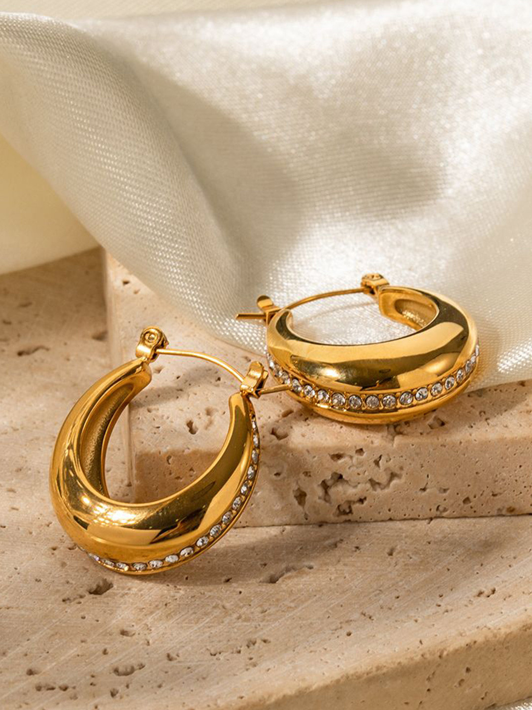 Aiza 18KT Gold Plated Cubic Zirconia Studded Sparkle Line Hoop Earrings