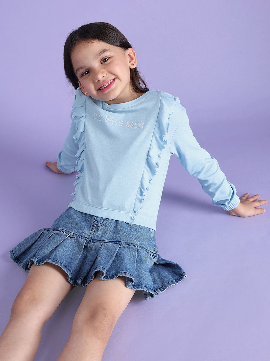 U.S. Polo Assn. Kids Brand Logo Embellished Ruffles Pure Cotton Top