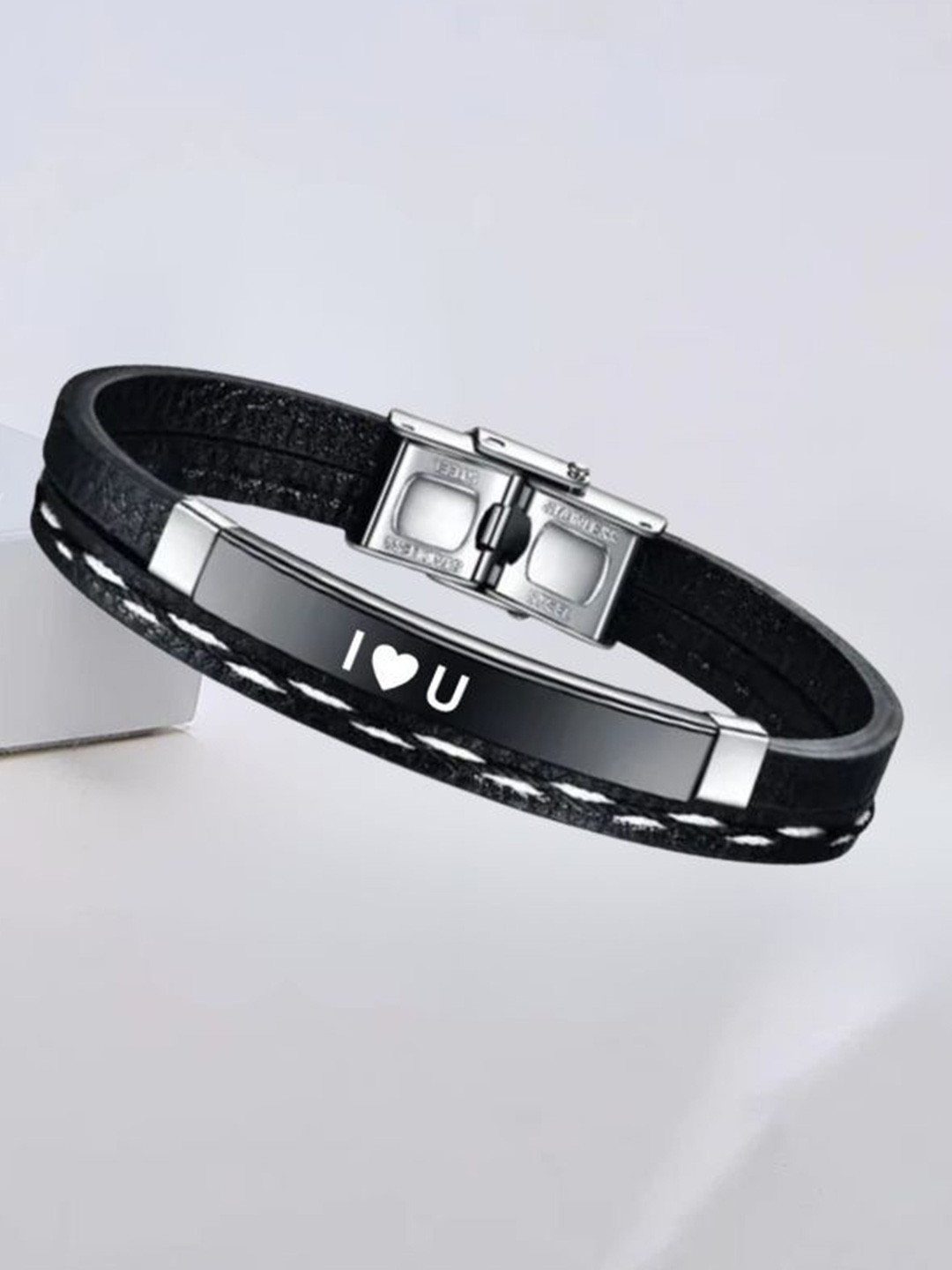 M Men Style Men Silver-Plated I love Leather Wraparound Bracelet