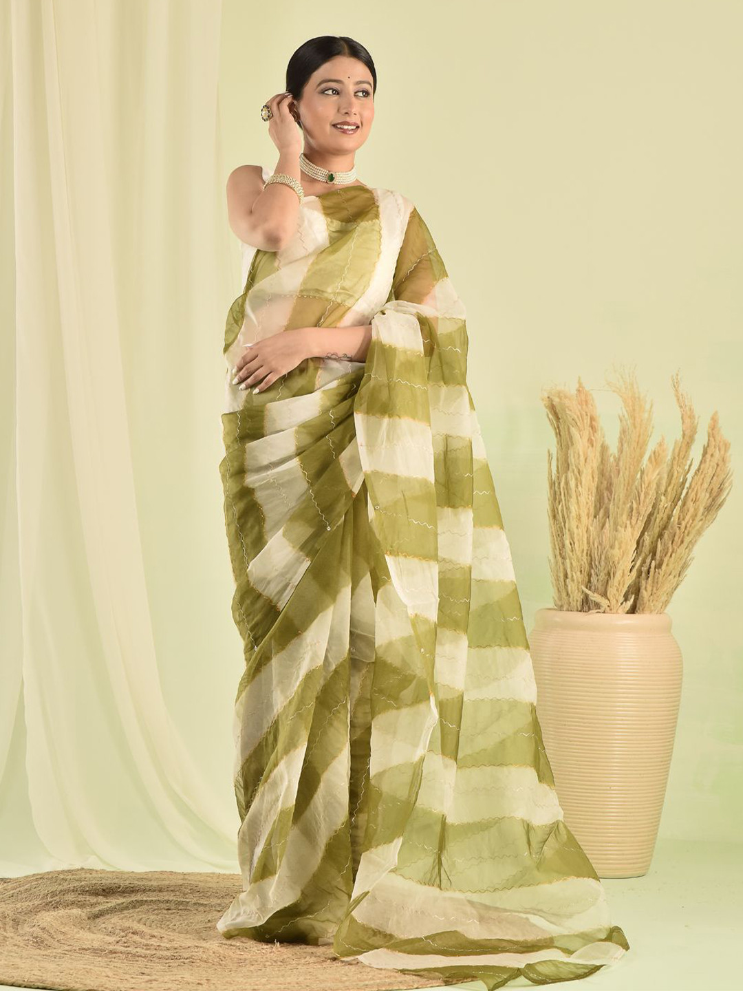 sutra attire Leheriya Aari Work Organza Leheriya Saree