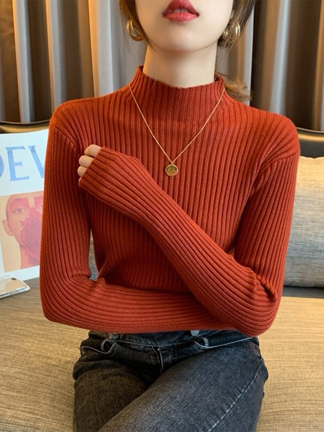 Outzidr High Neck Orange Knit Top