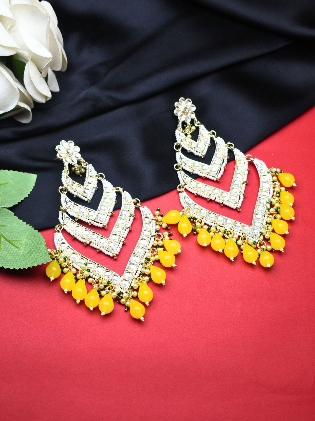 J & C Fashion Arena Gold-Plated Kundan Studded & Pearls Beaded Contemporary Chandbalis