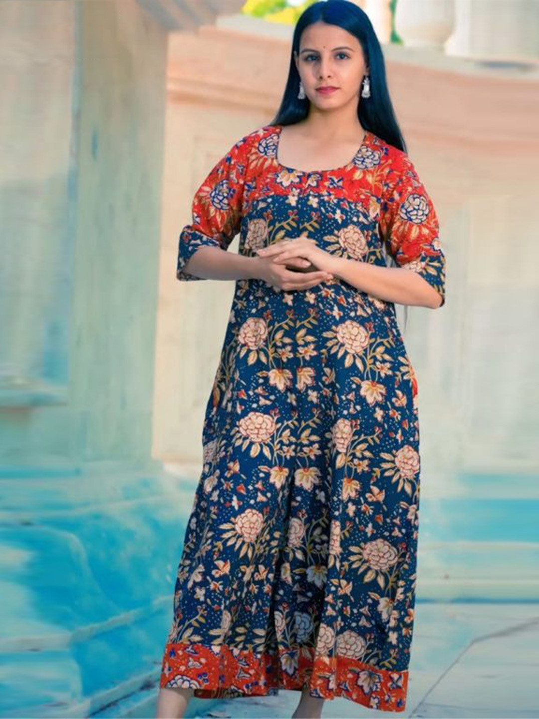 OHOO JAIPUR Printed Pure Cotton A-Line Midi Dress