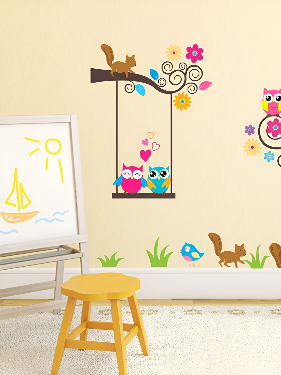 LANSTICK Brown & Blue Colorful Tree With Birds Self Adhesive Wall Sticker