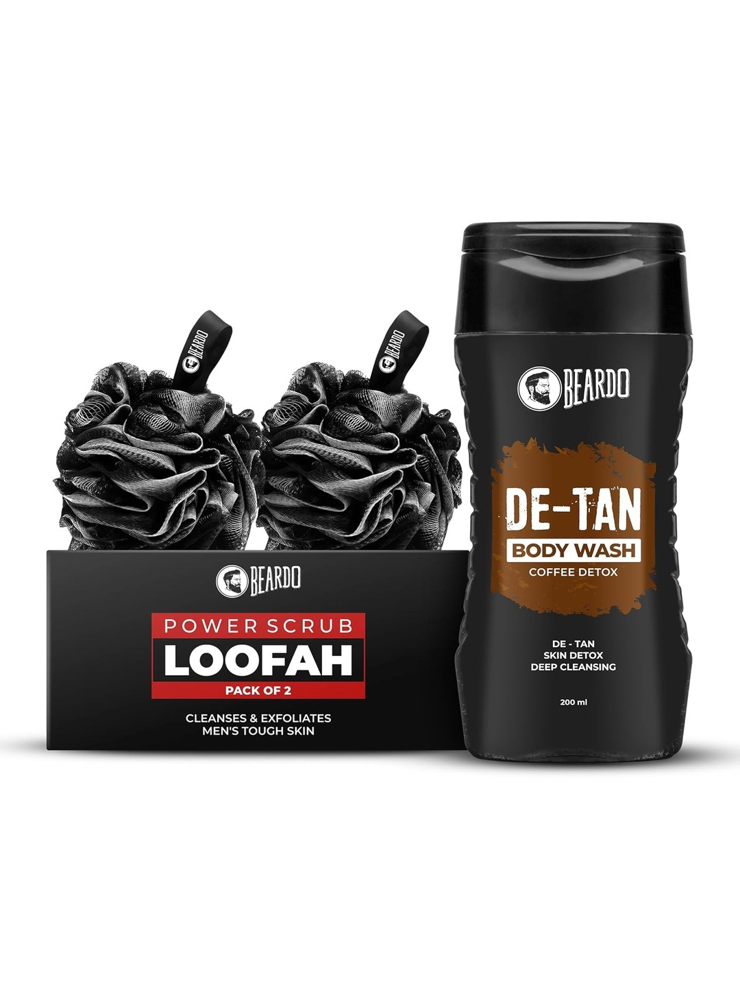 BEARDO Set of De-Tan Coffee Detox Body Wash - 200ml & 2 Power Scrub Loofah - Black
