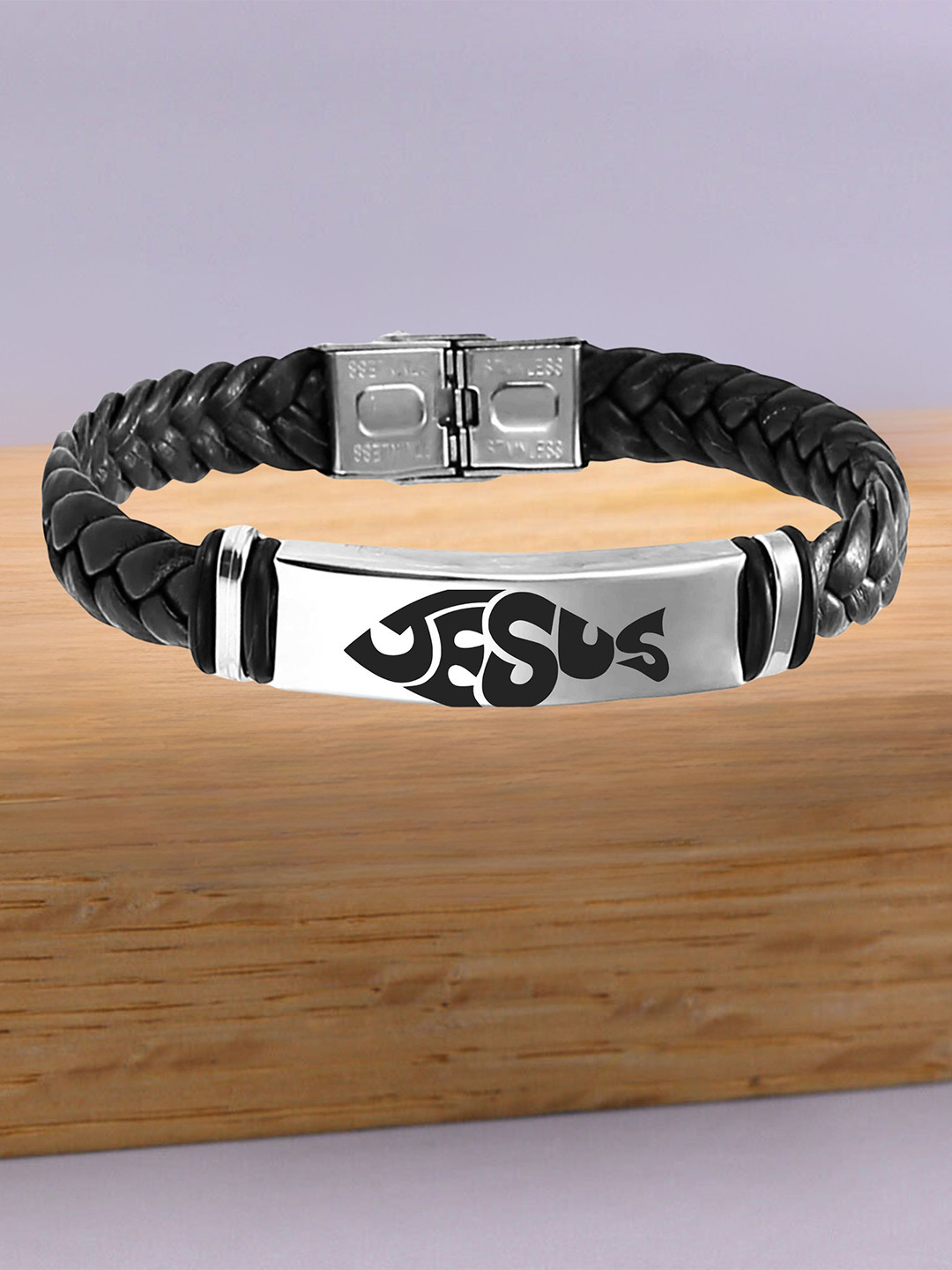 M Men Style Men Silver-Plated Jesus Braided Leather Weave Cuff Bracelet