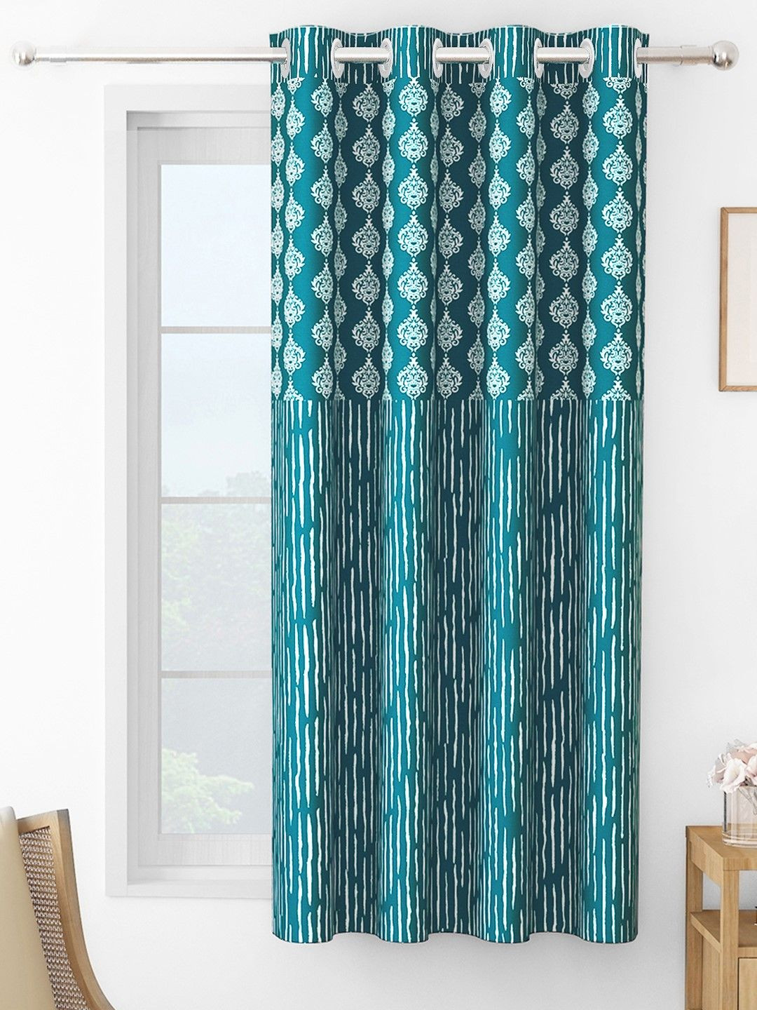 Story@home Topaz Turquoise Blue & White Ethnic Printed Room Darkening Window Curtain