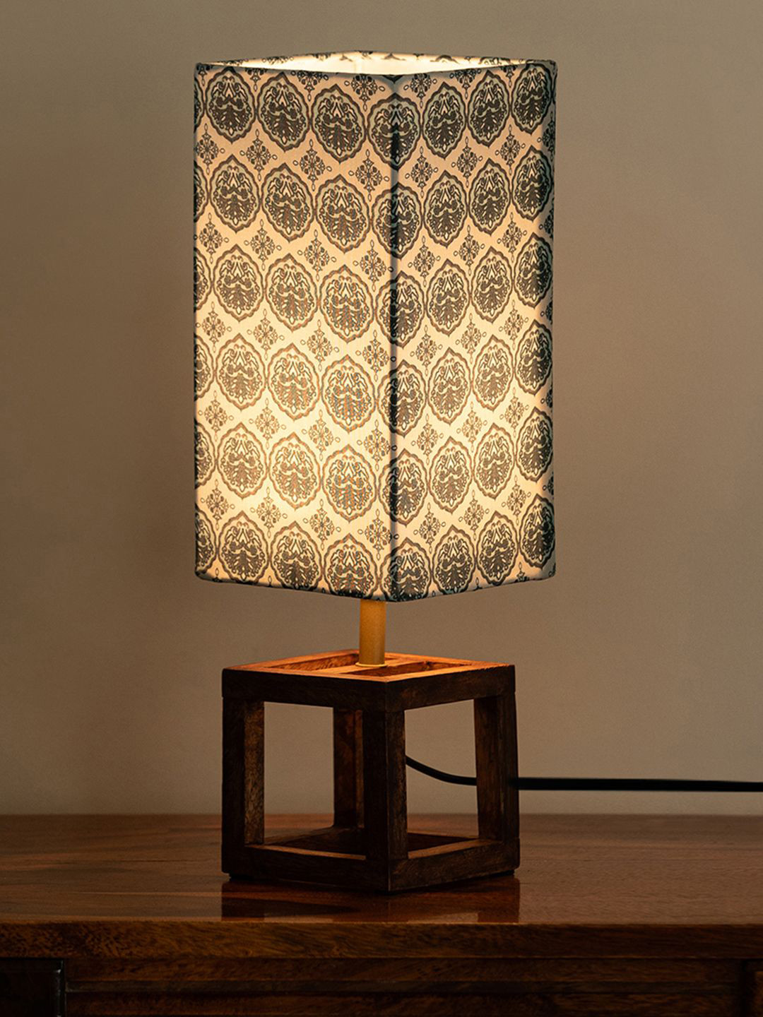 ExclusiveLane Lumespace Brown & White Paisley Printed Wooden Rectangle Table Lamp