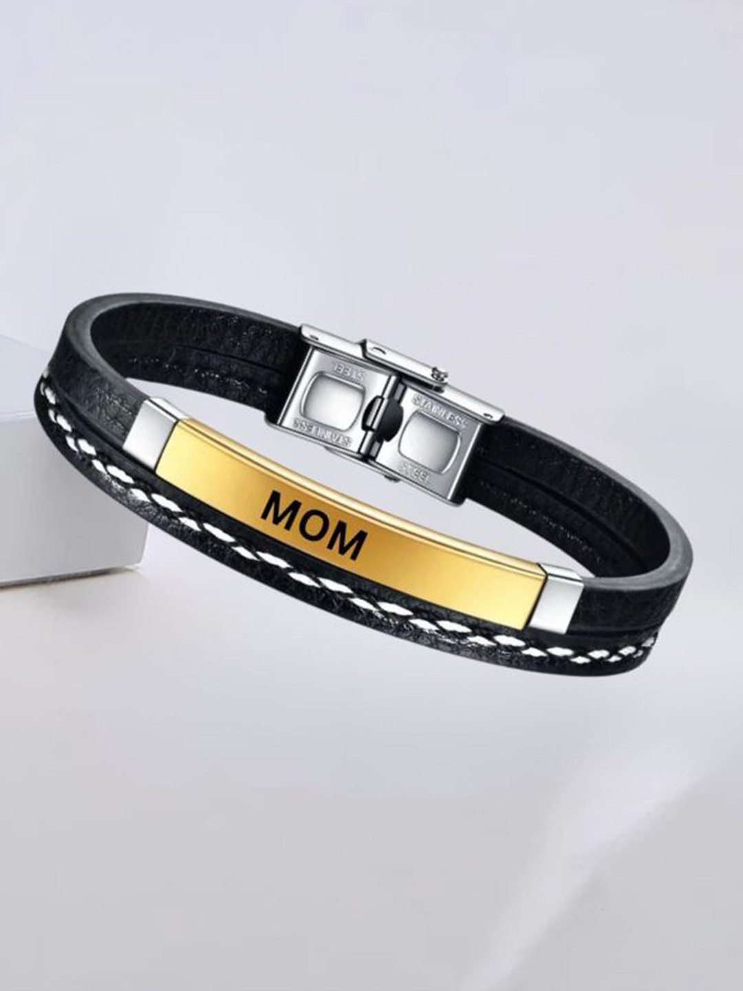 M Men Style Men Gold-Plated I love Mom Leather Wraparound Bracelet