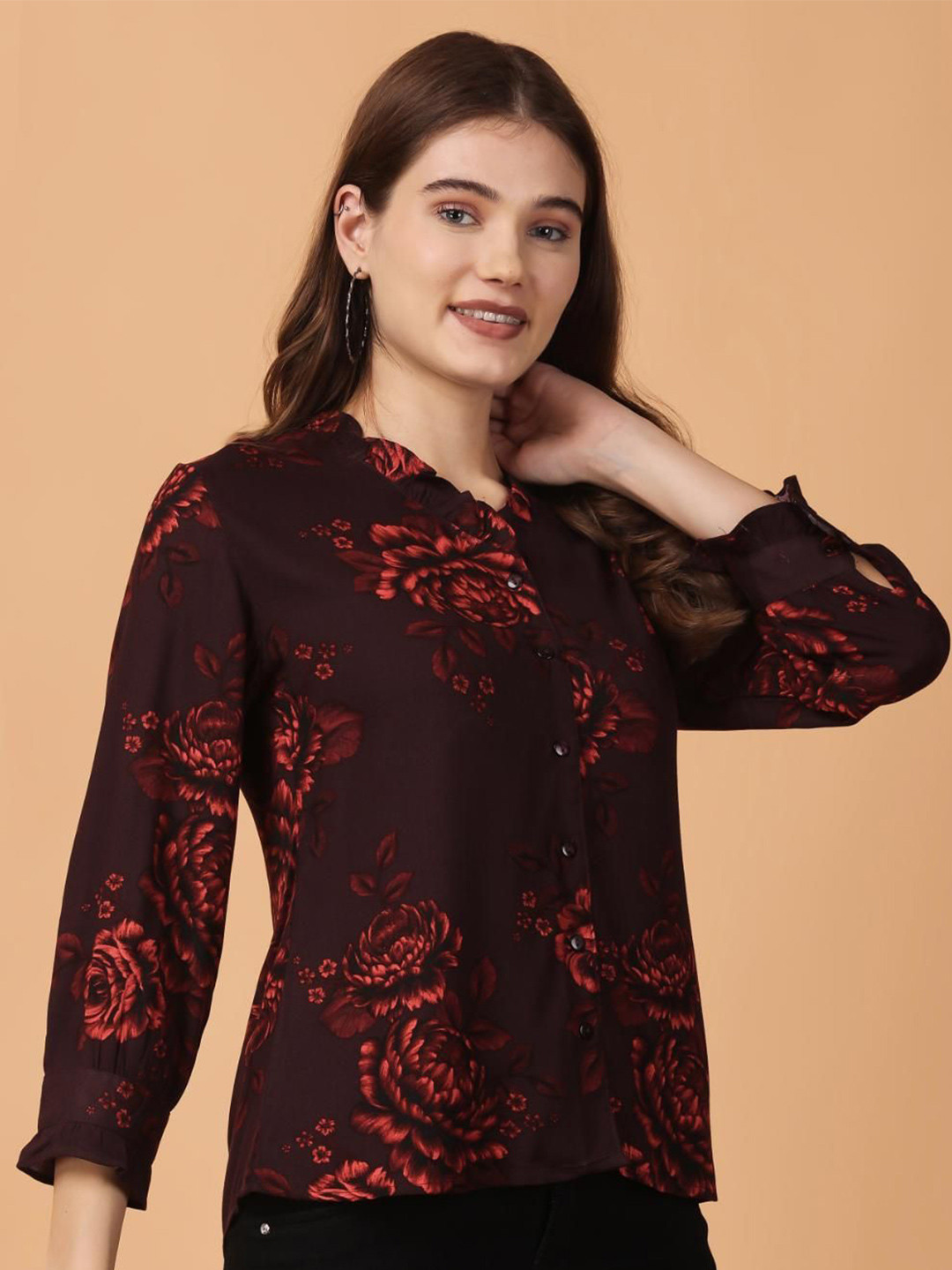 girlsify Floral Print Shirt Style Top