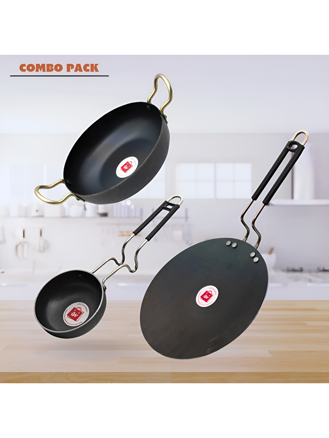 LAZYwindow Black & Silver Toned 3 Pieces Microwave Safe Cookware Set