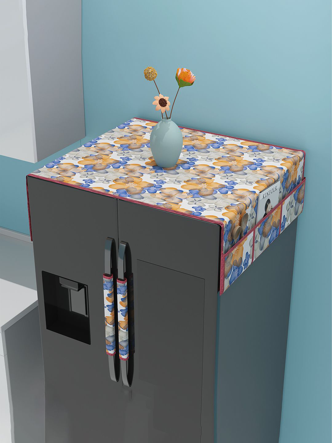 Kuber Industries 3-Pcs Blue & White Floral Printed Waterproof Fridge Top & Handle Covers