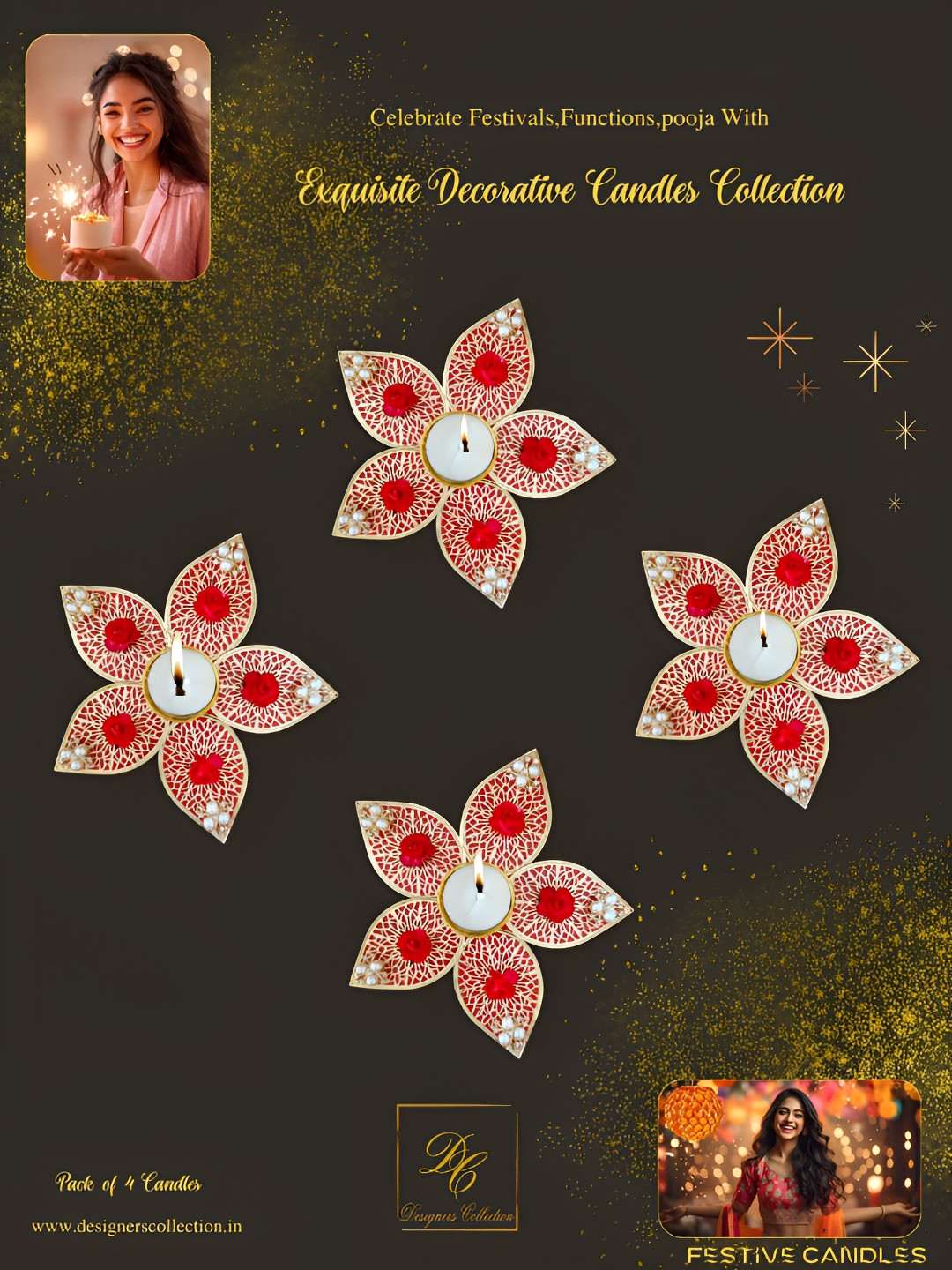 Designers Collection Decorative 4Pcs Smokeless Solid Flower Regular Tea Light Candles