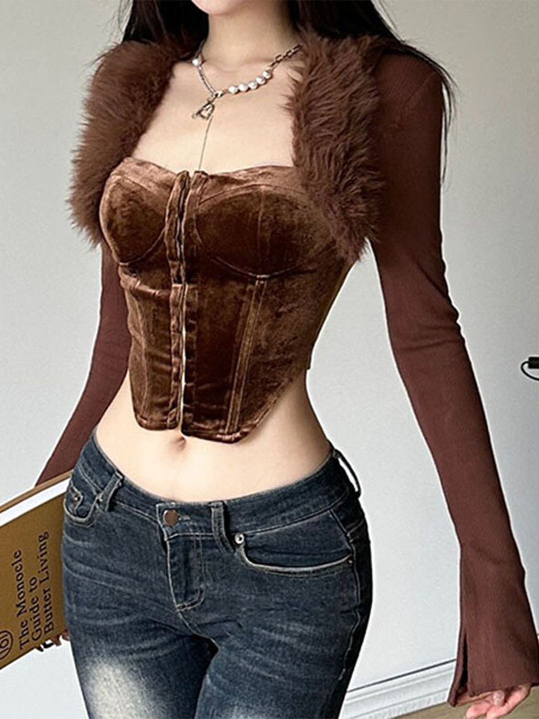 StyleCast Brown Square Neck Corset Crop Top