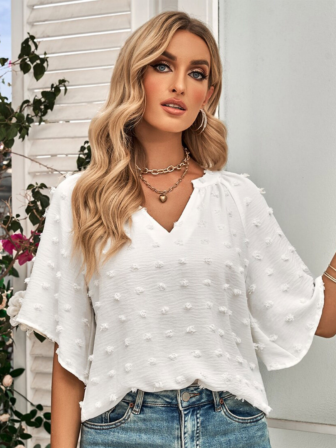 StyleCast White Self Design Flared Sleeves Shirt Style Top