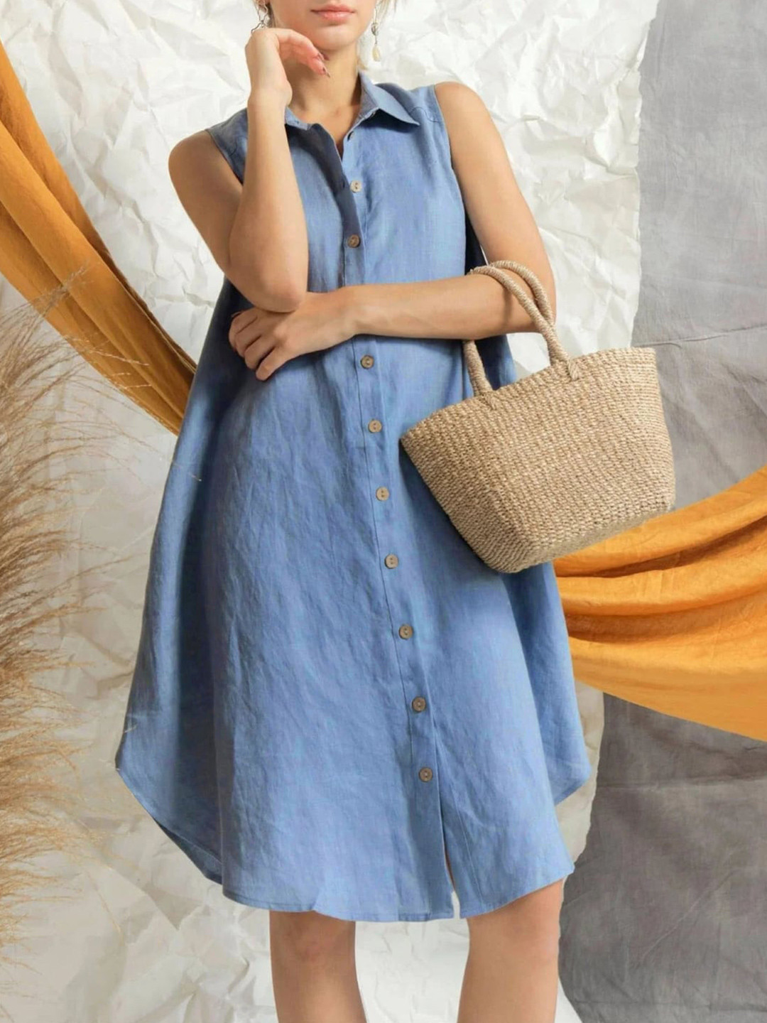 StyleCast Blue Shirt Collar Cotton A Line Dress