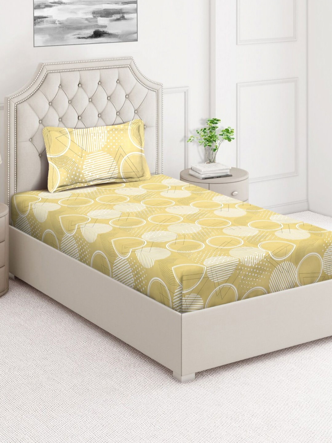 Arrabi Mustard Geometric Polycotton 350 TC Single Superfine Bedsheet with a Pillow Cover-85 x 59 inches