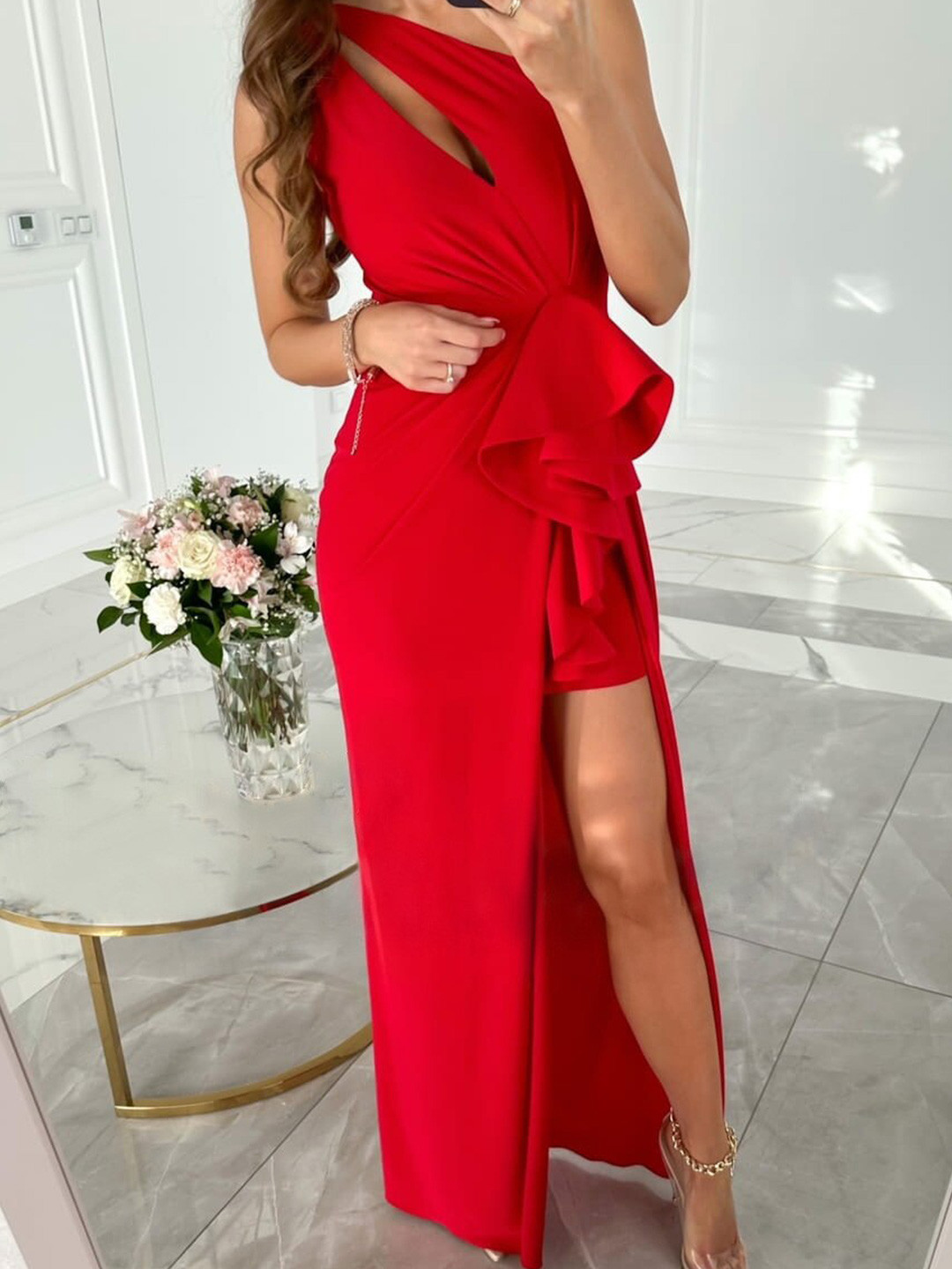 StyleCast Red One Shoulder Cut Out Sheath Maxi Dress