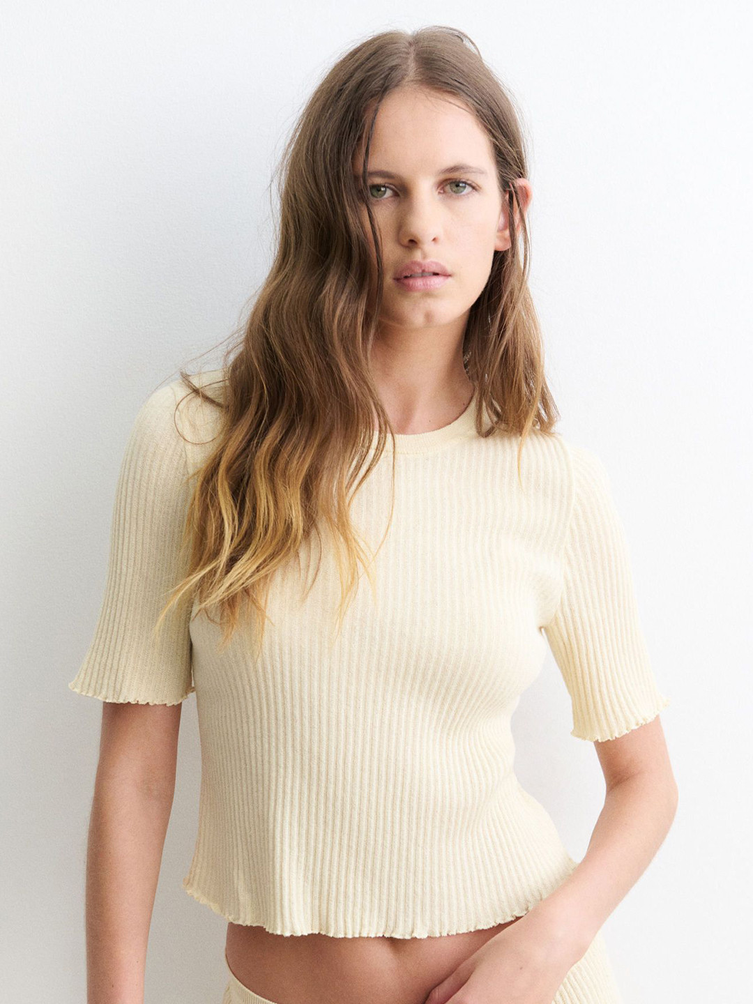 H&M Linen-Blend Rib-Knit T-shirt