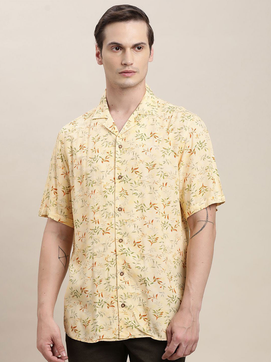 Turtle Floral Printed Cuban Collar Relaxed Slim Fit Shirt