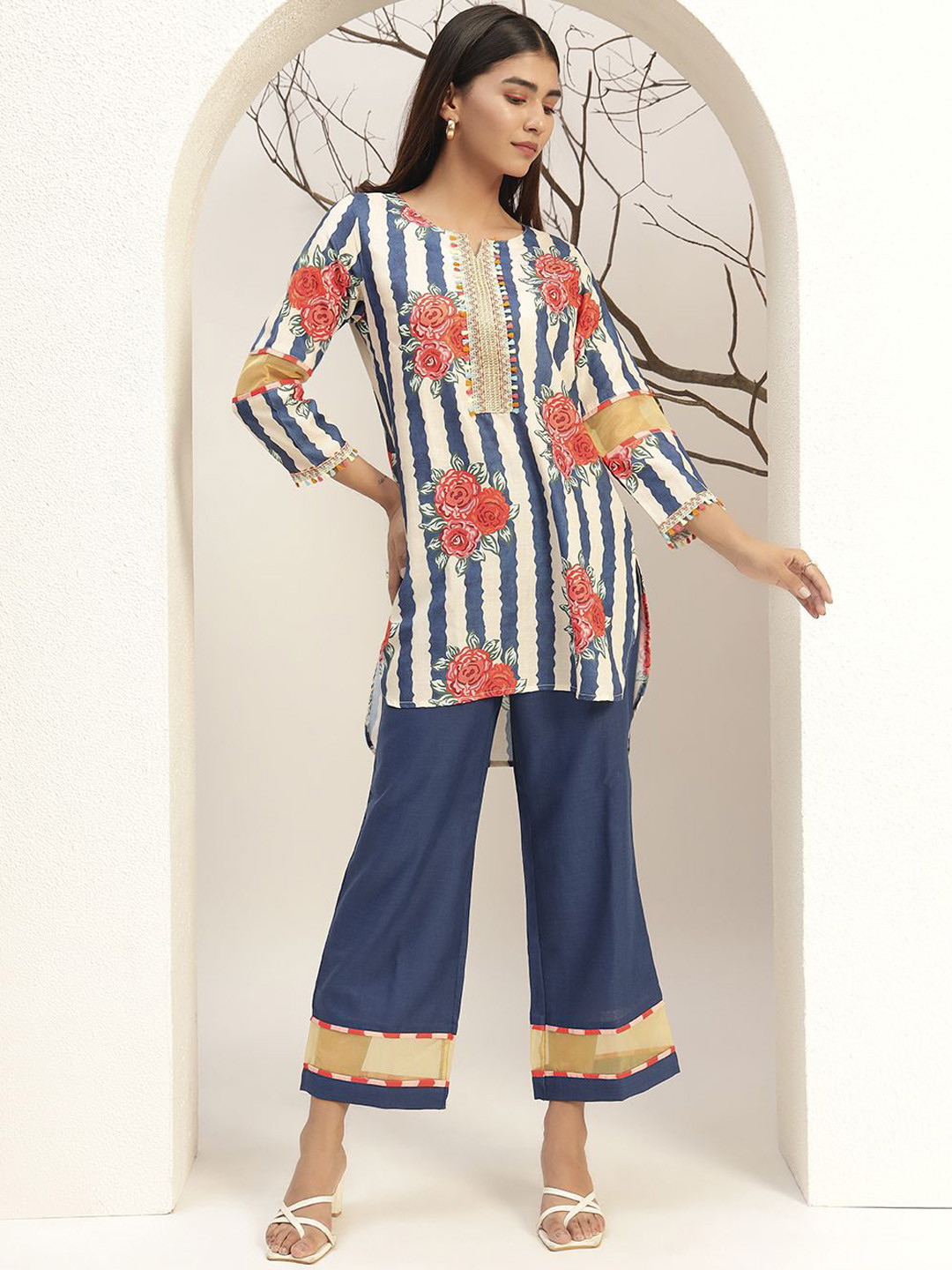 Bani Women Blue Floral Striped Printed Caller Neck Casual Tunic With Trouser Co-Ords Set
