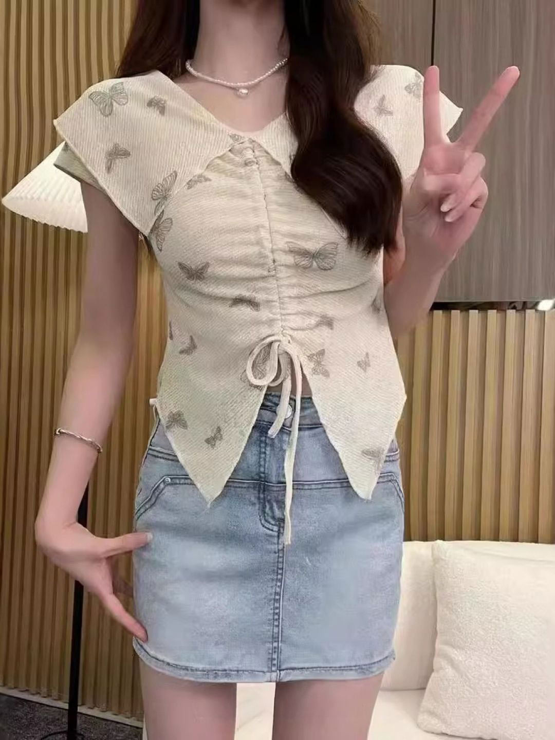 KPOP Women Khaki Butterfly Print V-Neck Top