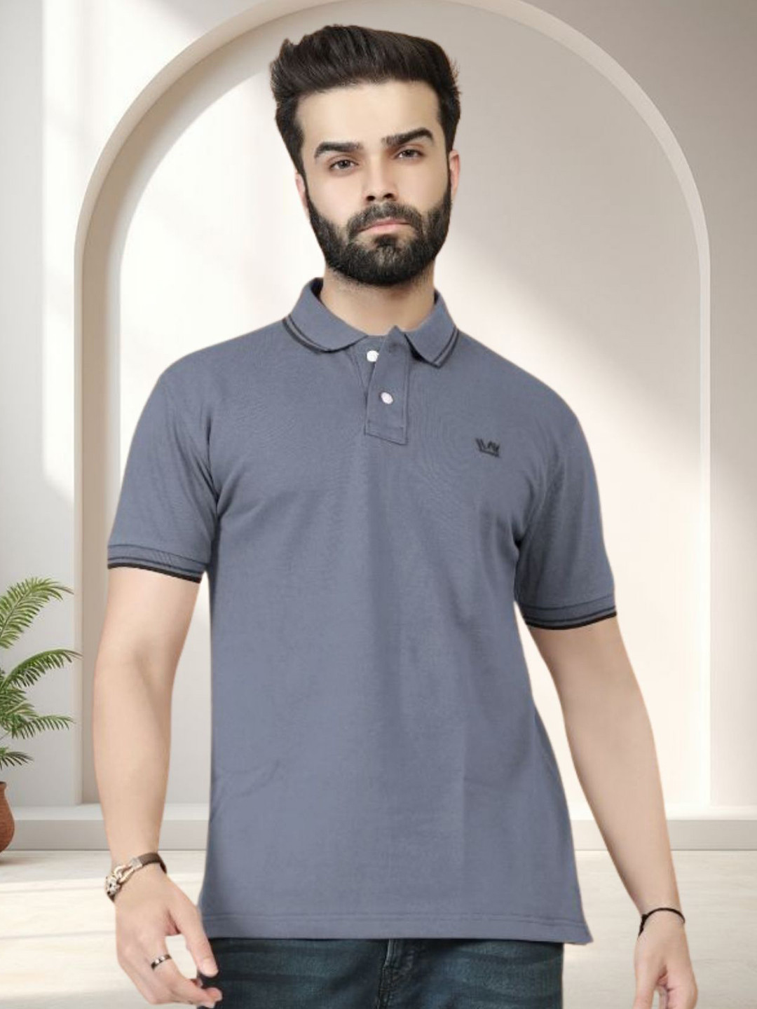 WATAY Brand Logo Printed Polo Collar Pure Cotton T-shirt