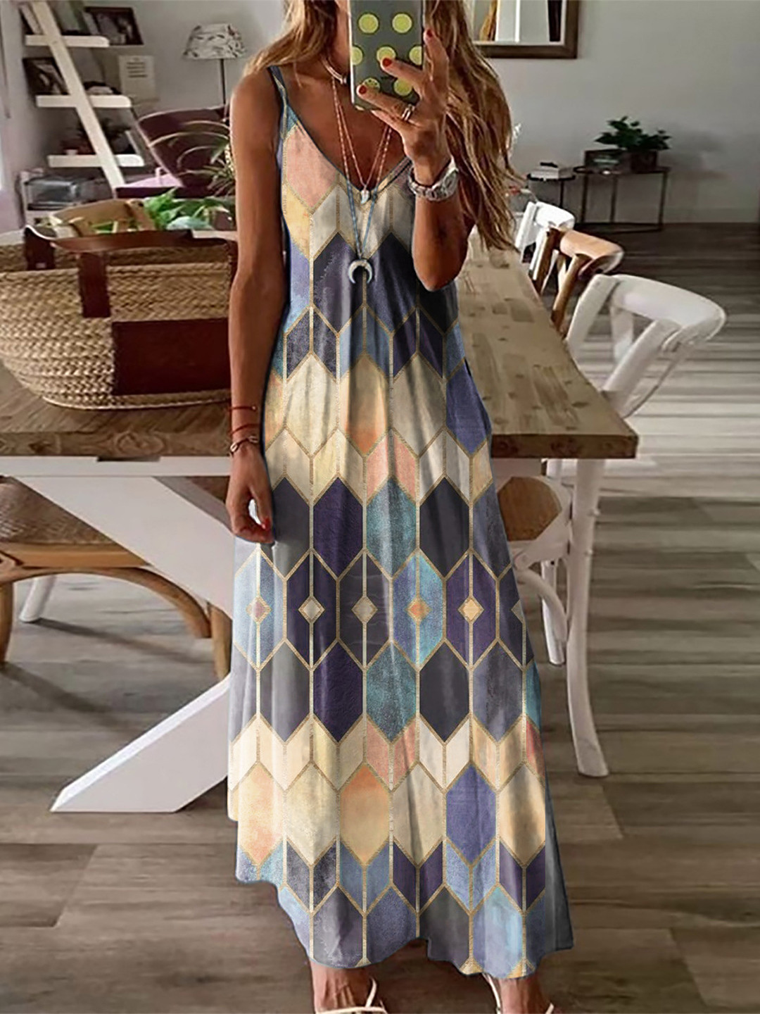StyleCast Grey & Blue Geometric Printed A-Line Maxi Dress