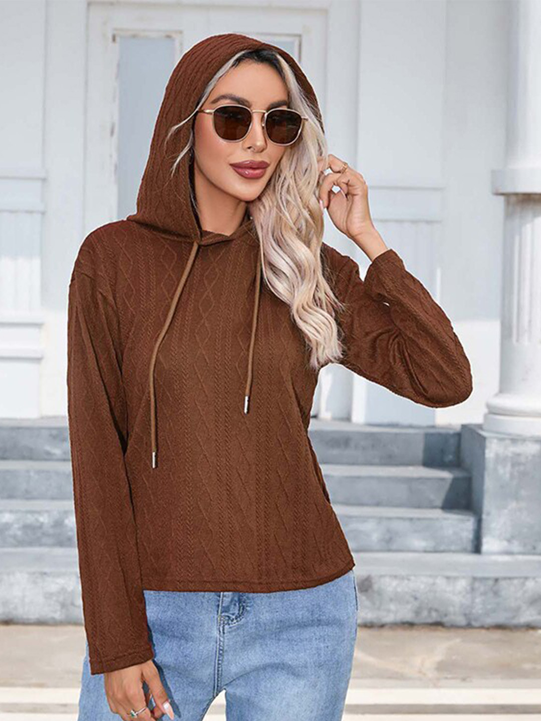 StyleCast Brown Hooded Cable Knit Pullover