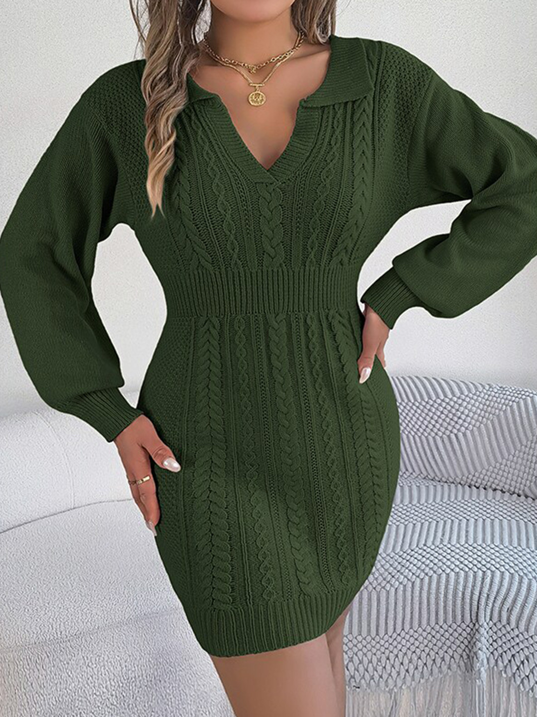 StyleCast Green Self Design V-Neck Long Sleeve Acrylic Bodycon Mini Dress