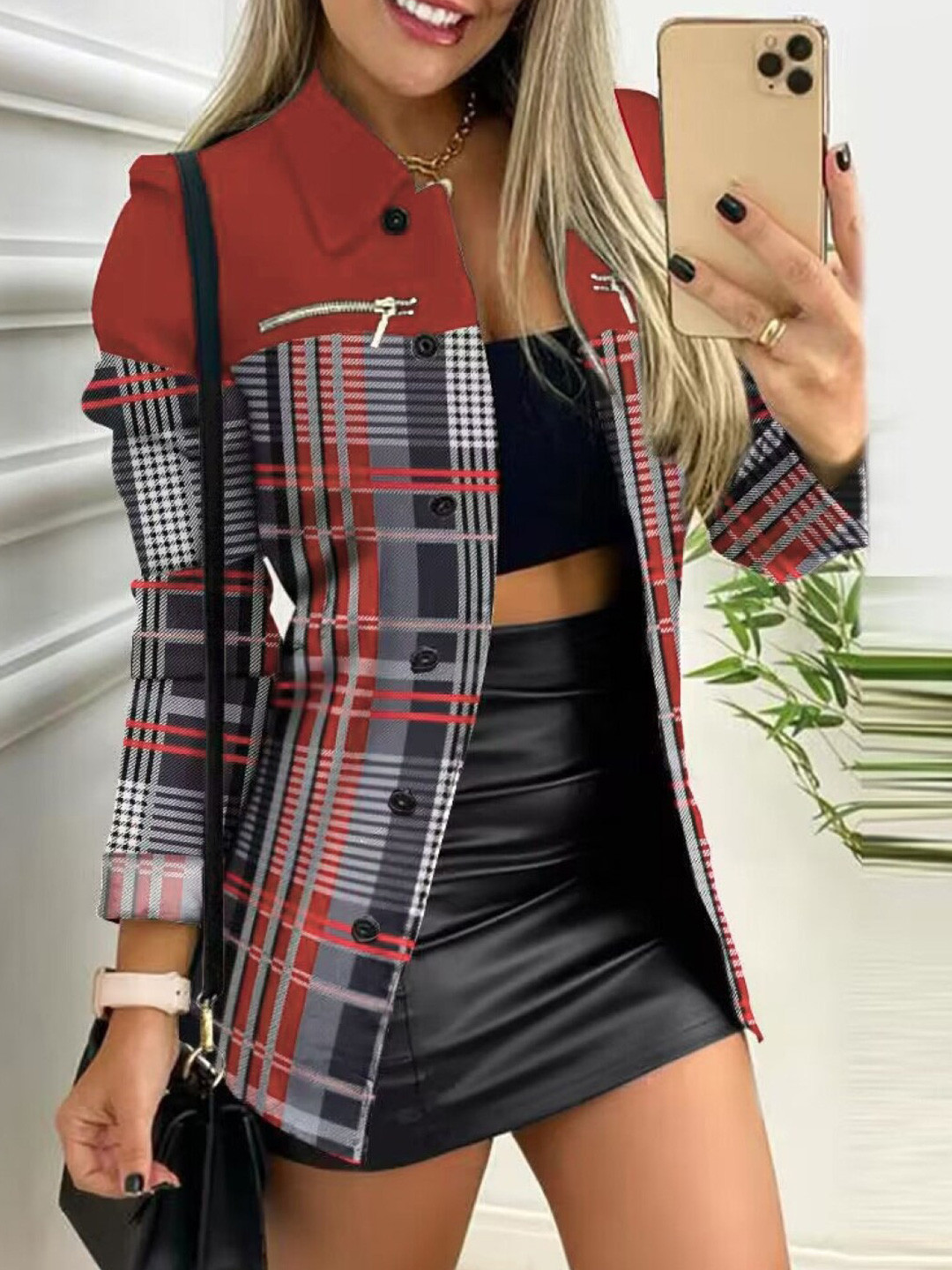 StyleCast Red Checked Longline Open Front Jacket