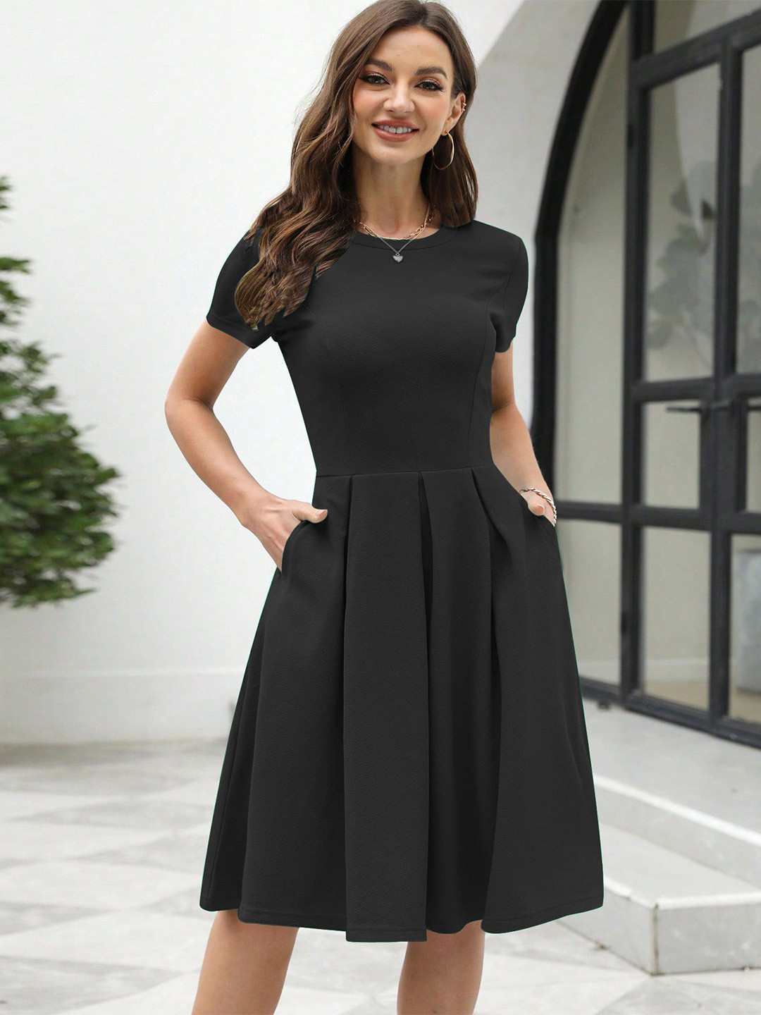 Sugathari Womne Round Neck Fit and Flare Knee Length Dress