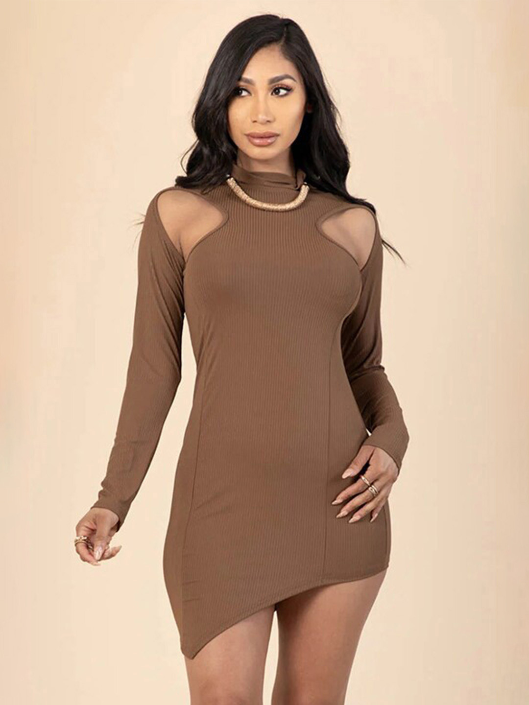 StyleCast Brown High Neck Ribbed Cut Outs Bodycon Mini Dress