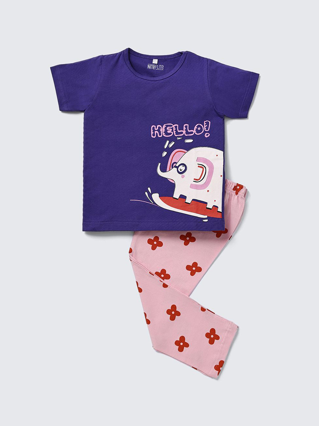 Nite Flite Girl Printed Round Neck Pure Cotton Top & Pyjamas Night suit