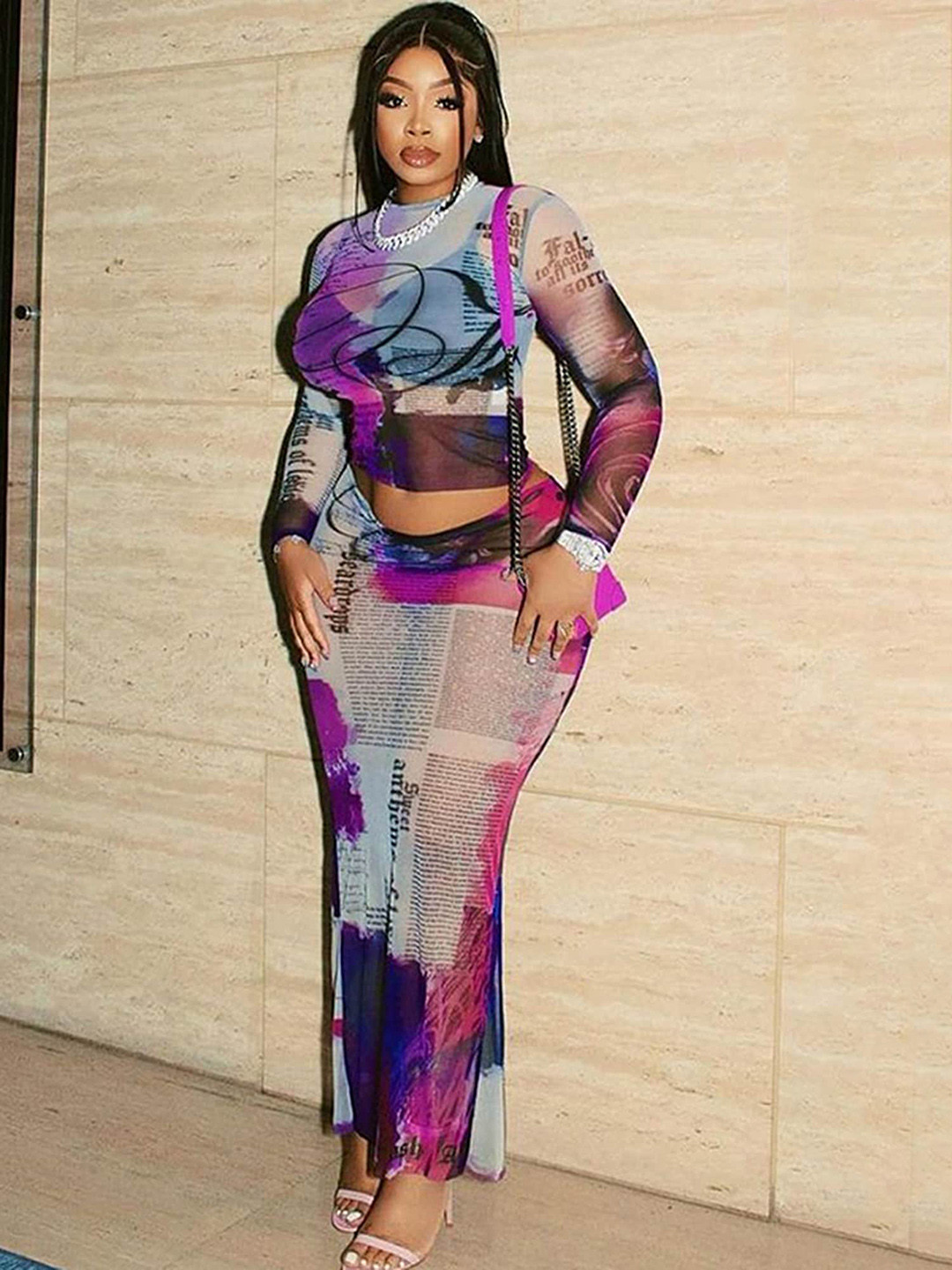 LULU & SKY Printed Semi Sheer Round-Neck T-Shirt With Fishtail Skirt