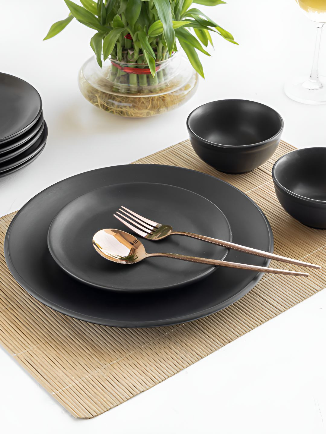 Claymistry Bone Ash-Free Black Solid Ceramic Dishwasher and Microwave Safe 4 Piece Dinner Set