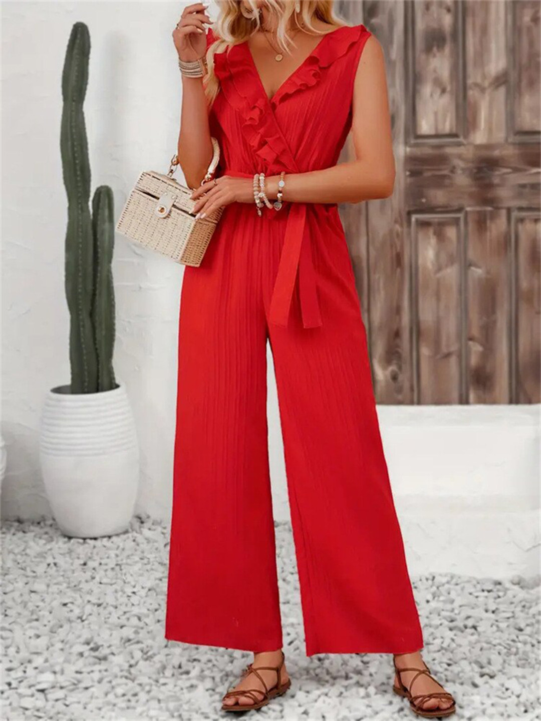 StyleCast Orange V-Neck Ruffled Basic Jumpsuit