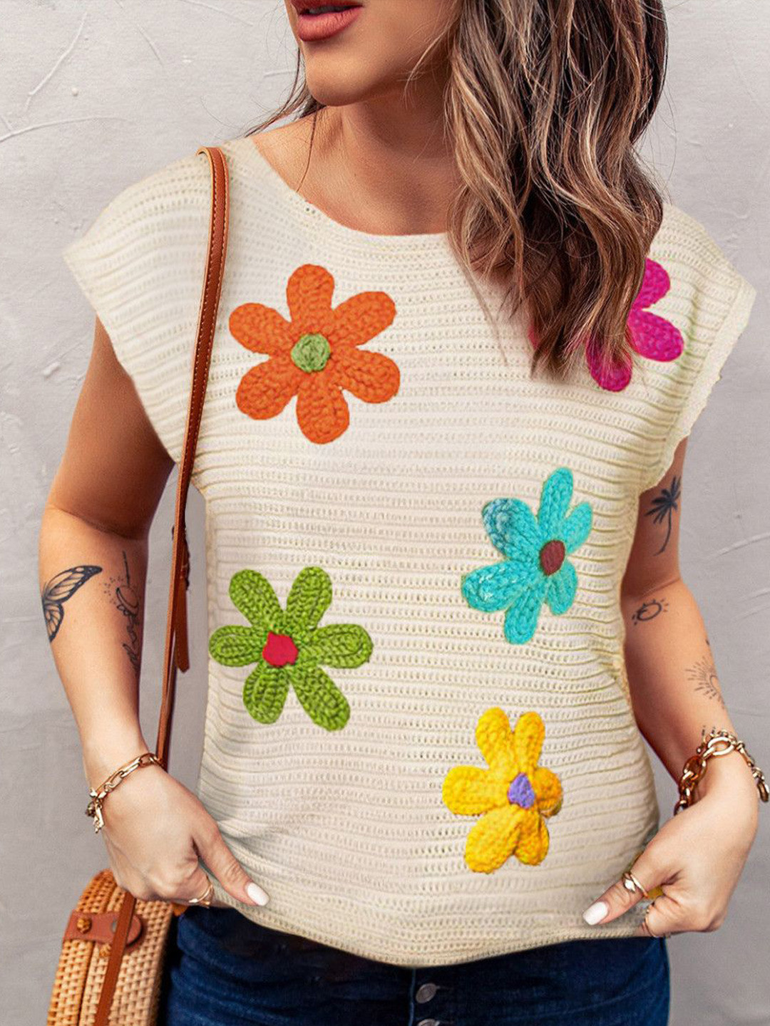 StyleCast Women Floral Sweater Vest with Embroidered Detail