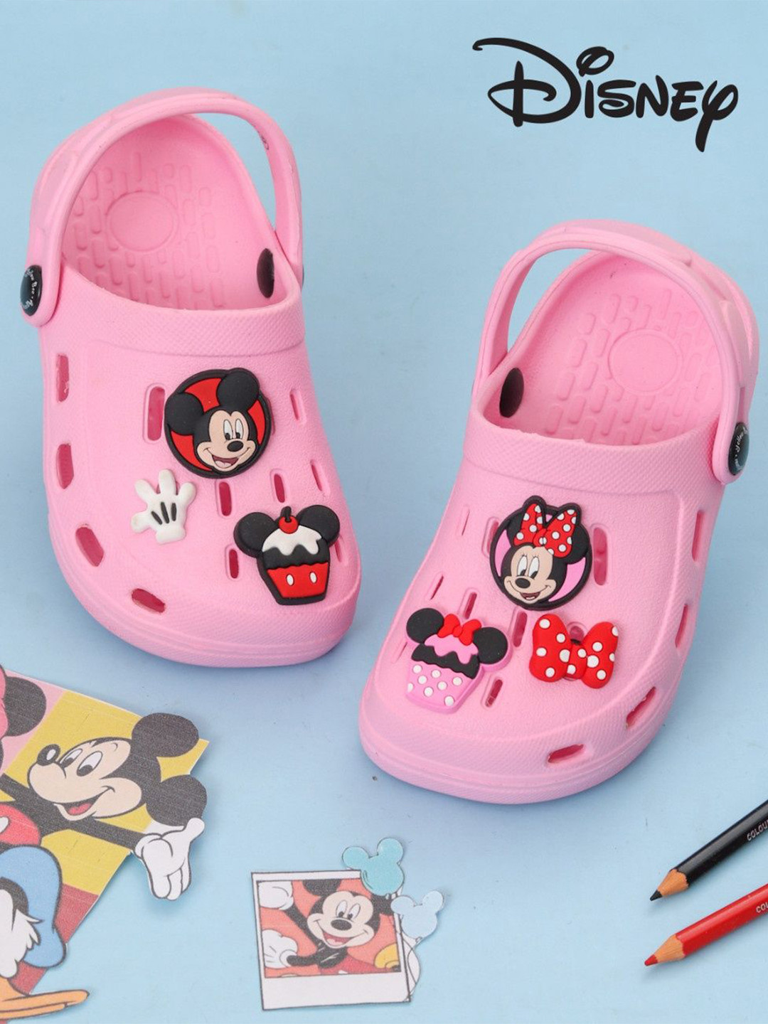Disney By Yellow Bee Girls Mickey & Minnie Mouse Clogs With Bow Gloves & Cupcake Charms