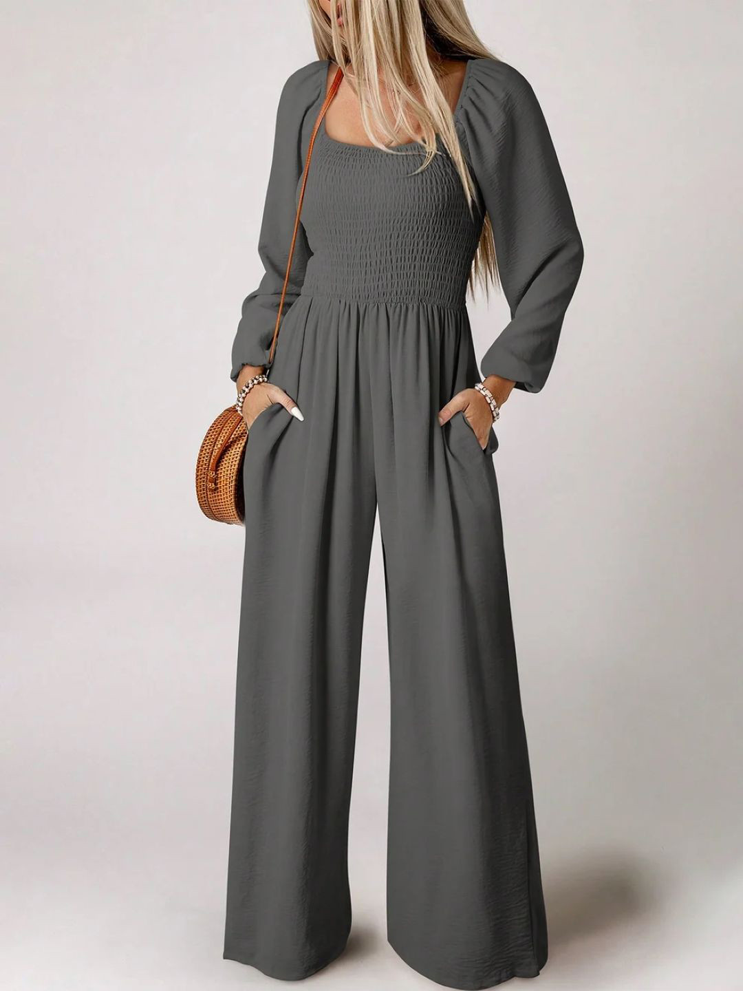 StyleCast Basic Jumpsuit Grey Square Neck Solid Long Sleeves Polyester Playsuit