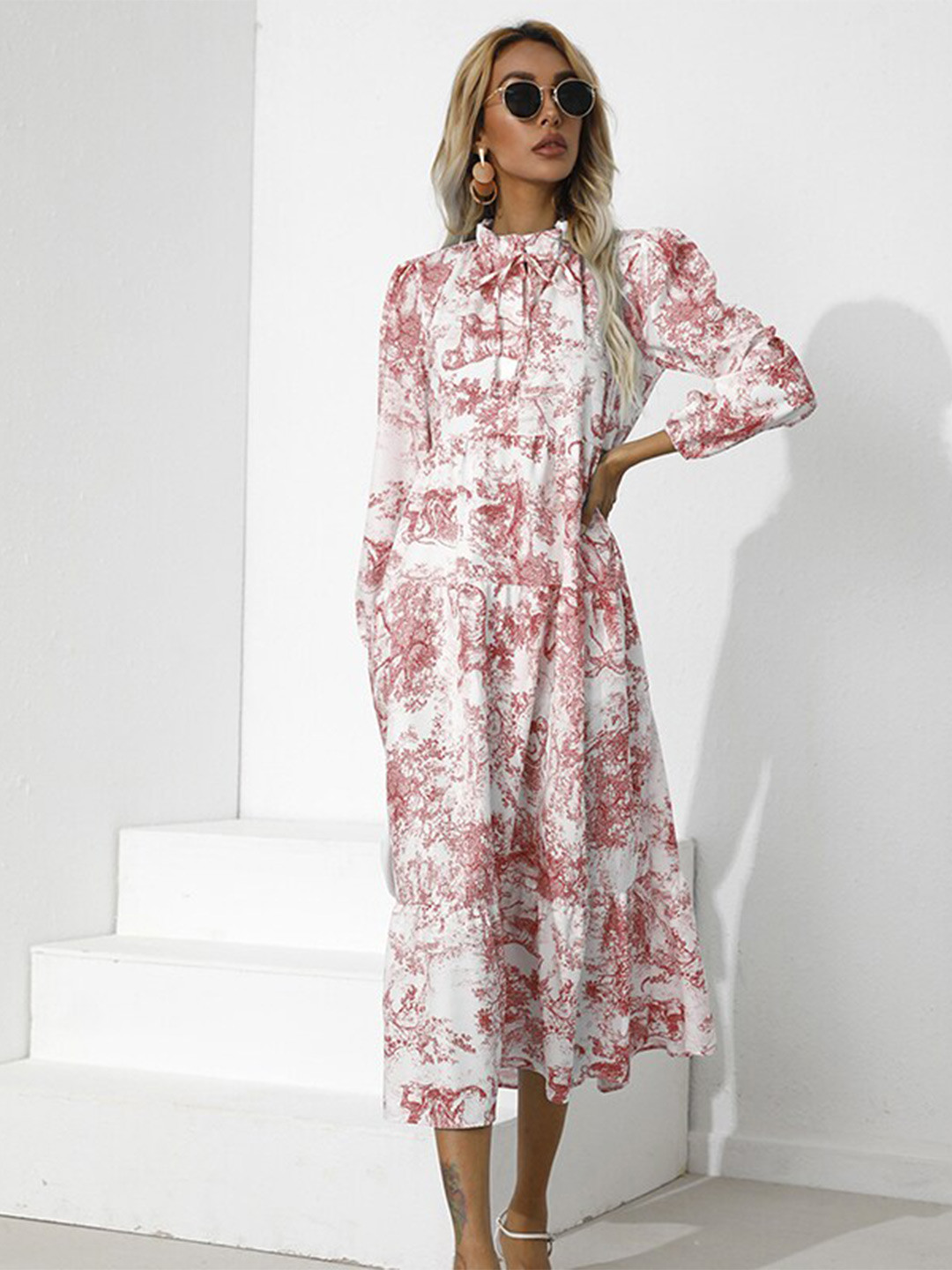 StyleCast Red Floral Printed High Neck A-Line Midi Dress