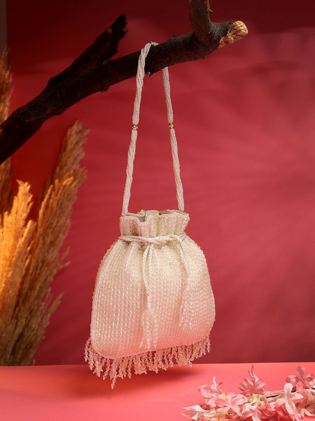 Anekaant Dangle White & Silver Striped Embellished Faux Silk Potli