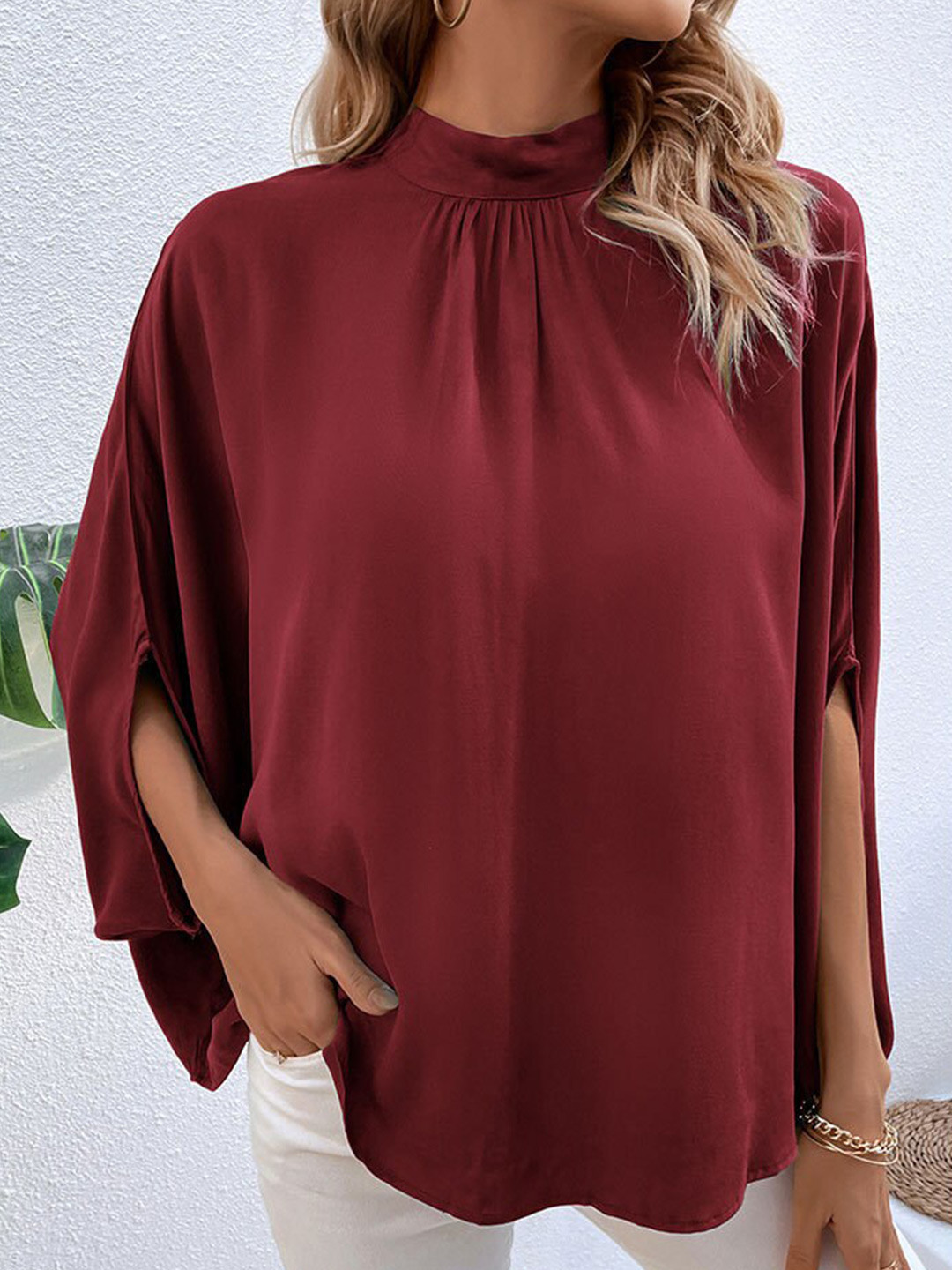 StyleCast Red High Neck Batwing Sleeve Regular Top
